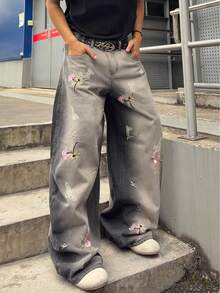 ROMWE MEN Street Life Quần jean ống rộng thêu hoa thời trang đường phố thoải mái cho nam - Xám - Xem 3