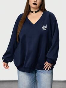 SHEIN CURVE+ 女式加大码 V 领骷髅手指花卉印花黑色加大码宽松羊毛运动衫冬季秋季秋冬 - 藏蓝色 - 查看 6