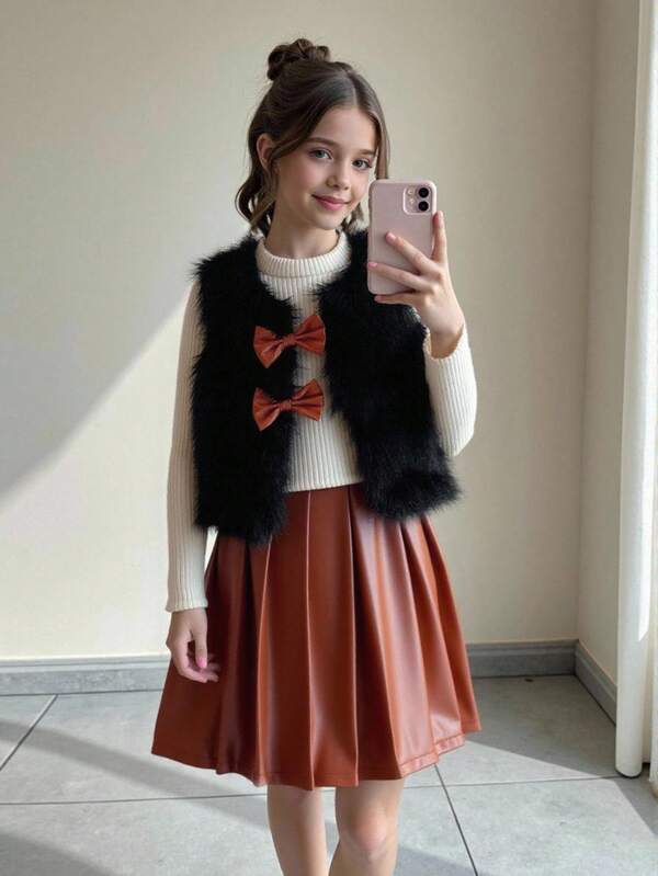 3pcs Girls Outfit Sets: Black Furry Vest With Bow Decor + White Ribbed Turtleneck Top & Brown PU Pleated Skirt, New Year & Winter Clothes