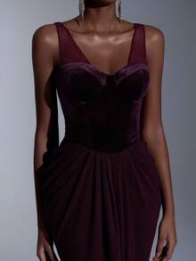 Elitara 优雅、浪漫、时尚的栗色弹力天鹅绒拼接鱼骨塑形吊带荷叶边鱼尾裙摆拖地礼服，适合各种场合，包括节日、度假、生日派对、婚礼、正式晚宴等。 - 紫紅色 - 查看 4