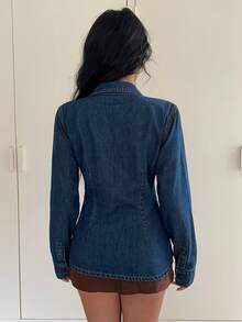 Siren Gaze 女士秋季长袖单排扣修身休闲牛仔衬衫 - 深色水洗藍 - 查看 4