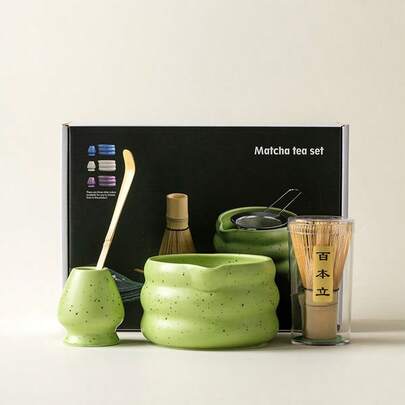 Matcha Set, Japanese Tea Set Includes Matcha Bowl With Spout, Matcha Whisk Holder, Bamboo Matcha Whisk And Bamboo Scoop, 17 Oz Mottled Green Glaze Ceramic Matcha Kit For Tea Lovers