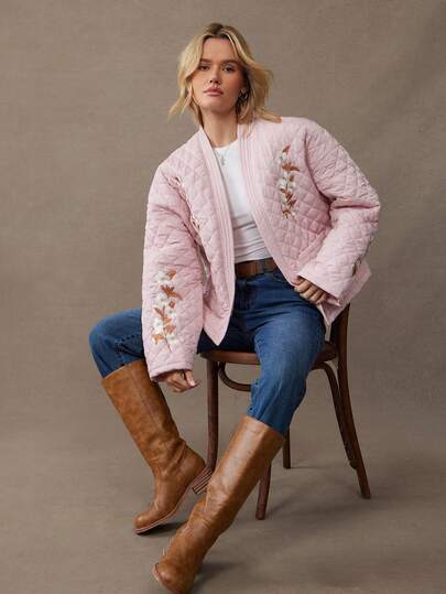 WESTFADE Chaqueta acolchada de manga larga con bordado floral y abertura frontal para otoño, invierno, Navidad, fiestas, Año Nuevo, estilo bohemio, casual