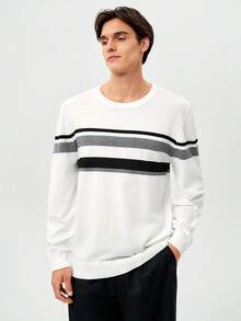 RONVEXI Men's Casual Colorblock Striped Sweater, Autumn/Winter, Long Sleeve Top - White - View 4