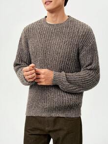 RONVEXI 男士纯色圆领长袖罗纹针织休闲套头毛衣，秋冬款 - 灰色 - 查看 2