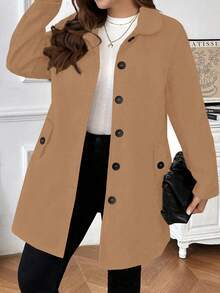 大码女式纯色长袖单排扣休闲口袋羊毛大衣，秋冬款 - 卡其色 - 查看 6