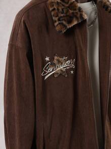 DAZY Men's Brown Patchwork Contrast Collar Letter Embroidery Jacket And Coat, Autumn - Rust Brown - View 7