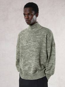 DAZY Men's High Neck Khaki Green Floral Mesh Sweater, Autumn - Green - View 4