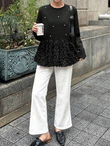 FRIFUL 女士黑色圆领长袖水钻拼接纹理绒面宽松休闲百搭T恤，秋冬款 - 黑色 - 查看 2