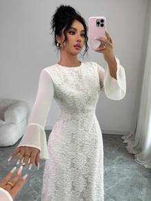 Rafferiza 女士优雅通勤雪纺镂空喇叭袖连衣裙 - 杏色 - 查看 3