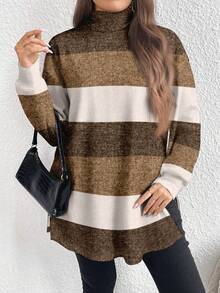 EMERY ROSE 秋冬季撞色条纹印花休闲简约大码女式高领长款T恤 - 彩色 - 查看 2