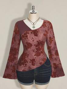 SHEIN ICON Áo thun tay loe họa tiết hoa chéo jacquard cổ điển màu xanh lá cây cổ điển dành cho nữ cỡ lớn - Màu Đỏ Sâu - Xem 3