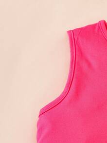 SHEIN ChillGRL 2pcs Tween Girl Hollow Knit Top & Denim Mini Skirt Set, Casual Summer Outfit - Hot Pink - View 5