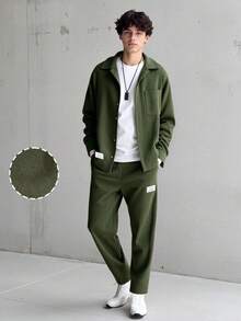 Vacaura 2件套青少年男童时尚派对休闲翻领长袖衬衫和直筒裤套装 - 軍綠色 - 查看 1