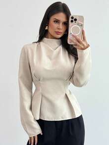 Firerie Women's Elegant Commute & Casual Vintage Bamboo Texture Stand Collar Long Sleeve Gathered Waist Pleated Design Regular Fit Shirt, Autumn/Winter New Ladies Blouse,Elegant Blouses For Women,Spring Women - Apricot - View 4
