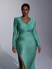 Elitara Vestido elegante y lujoso de talla grande para otoño e invierno con cuello en V profundo, hombros rectos, mangas largas, plisado asimétrico delantero, abertura alta tipo sirena, adecuado para cena, baile, cita, vacaciones, boda y eventos de noche - Verde - Ver 7