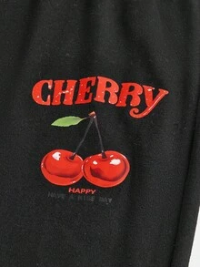 SHEIN Tween Girls Fashion Casual Cherry Print Long Sleeve T-Shirt And Flare Pants Set, Autumn/Winter - Black - View 5