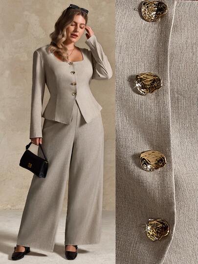 Elegantrix 秋冬女士两件套西装，大码纯色长袖方领衬衫和长裤套装，秋冬时尚，商务休闲女装，女士两件套西装，复古风格女装，女士办公室着装