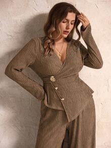 Elegantrix 秋冬女装时尚休闲纯色纹理金属扣带不对称开衩裤套装，时尚外出，女士办公室装，工作/办公室 - 卡其色 - 查看 5