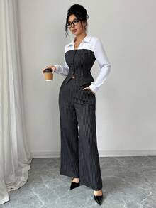SHEIN Elenzya Conjunto de 2 piezas de blusa de mujer elegante con cuello en V de rayas de contraste y pantalones de pierna ancha, para otoño/invierno - Blanco y Negro - Ver 4