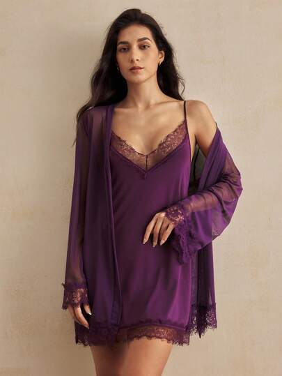 Charlaine Conjunto de lencería sexy de camisola de encaje con parches y bata para mujer