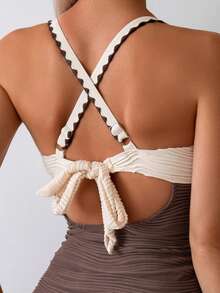 Swim Lushoire 1pc Women's One-Piece Swimsuit, Wavy Pattern Sexy European-American Style Conservative Criss-Cross Beach Swimsuit - Multicolor - View 6