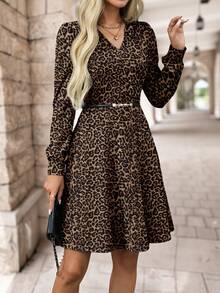 EMERY ROSE Đầm ngắn tay dài cổ chữ V tay bồng nhún bèo thường ngày cho nữ, họa tiết da báo, phù hợp cho mùa thu/đông - Nhiều màu - Xem 6