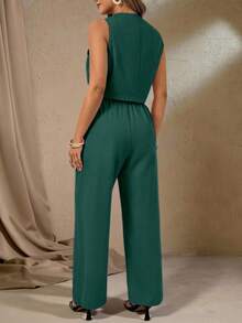 Roveilla Plus Size Dark Green Polyester Sleeveless Vest And Long Pants Suit Set With Pockets Corporate Autumn Smart Casual Corporate - Green - View 2