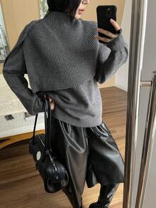 DAZY Women's Casual Solid Color Stand Collar Poncho Sweater, Autumn/Winter - Grey - View 5