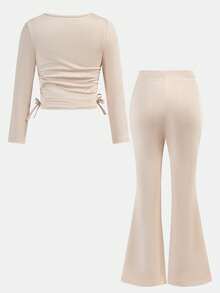 SHEIN 2pcs/Set Young Girls Bow Print Knit Casual Everyday Fashion Matching Set - Khaki - View 2