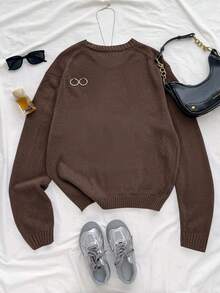 SHEIN 宽松圆领休闲棕熊图案长袖套头毛衣，适合青少年女孩，保暖舒适，时尚街头风，宽松版型，印花图案，返校季必备，运动休闲，学院风，复古风 - 棕色 - 查看 2