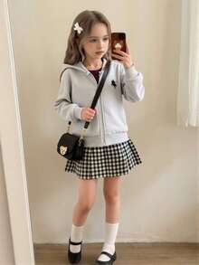 Genkimix Kids 少女外套，纯色时尚蝴蝶结卫衣夹克，舒适加厚保暖内衬卫衣面料，袖口蝴蝶结装饰，青春活力风格，适合返校季或日常户外穿着 - 灰色 - 查看 3