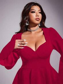 Viva Relle 大码女士优雅派对性感简约日常弹力修身甜心领长袖喇叭袖口收腰红色衬衫 - 紅色 - 查看 3