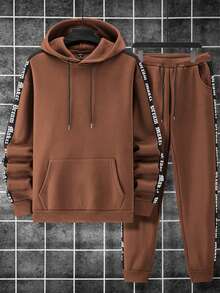 Manfinity Homme 2pcs Men's Casual Hooded Sweatshirt & Sweatpants Set - Brown - View 3