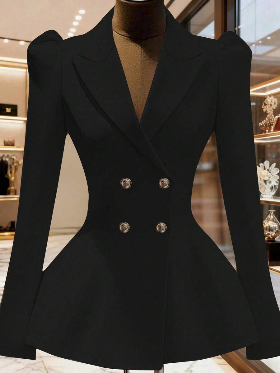 Franclia Áo khoác blazer nữ cổ bẻ tay bồng màu trơn cài hai hàng khuy thanh lịch - màu đen - Xem 1