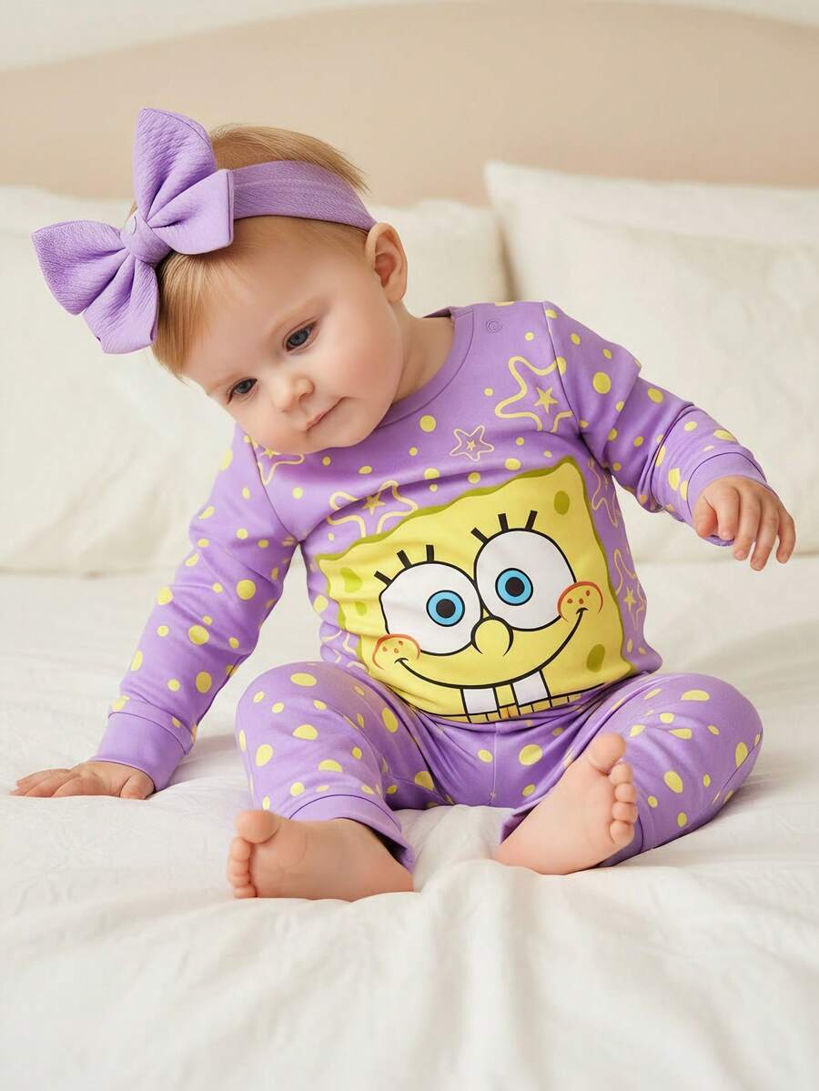SpongeBob SquarePants | SHEIN 2pcs Baby Girl Cute Polka Dot Cartoon Pattern Round Neck Long Sleeve Top And Pants Pajama Set - Multicolor - View 1