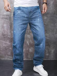 Manfinity Homme Men's Fashionable Blue Straight Leg Pants With Pockets And Rhinestone Design - Light Wash - View 3