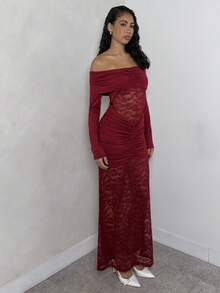 Glamine 女士优雅蕾丝拼接荷叶边长袖露肩连衣裙 - 酒紅色 - 查看 5