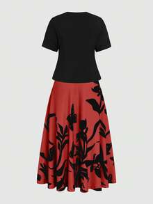 SHEIN Clasi 大码女式纯色短袖开衫外套和印花无袖中长连衣裙套装 - 紅色 - 查看 6