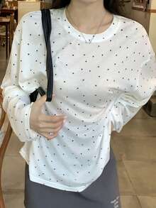 DAZY Women's Polka Dot Print Round Neck Casual Versatile Long Sleeve T-Shirt - White - View 7