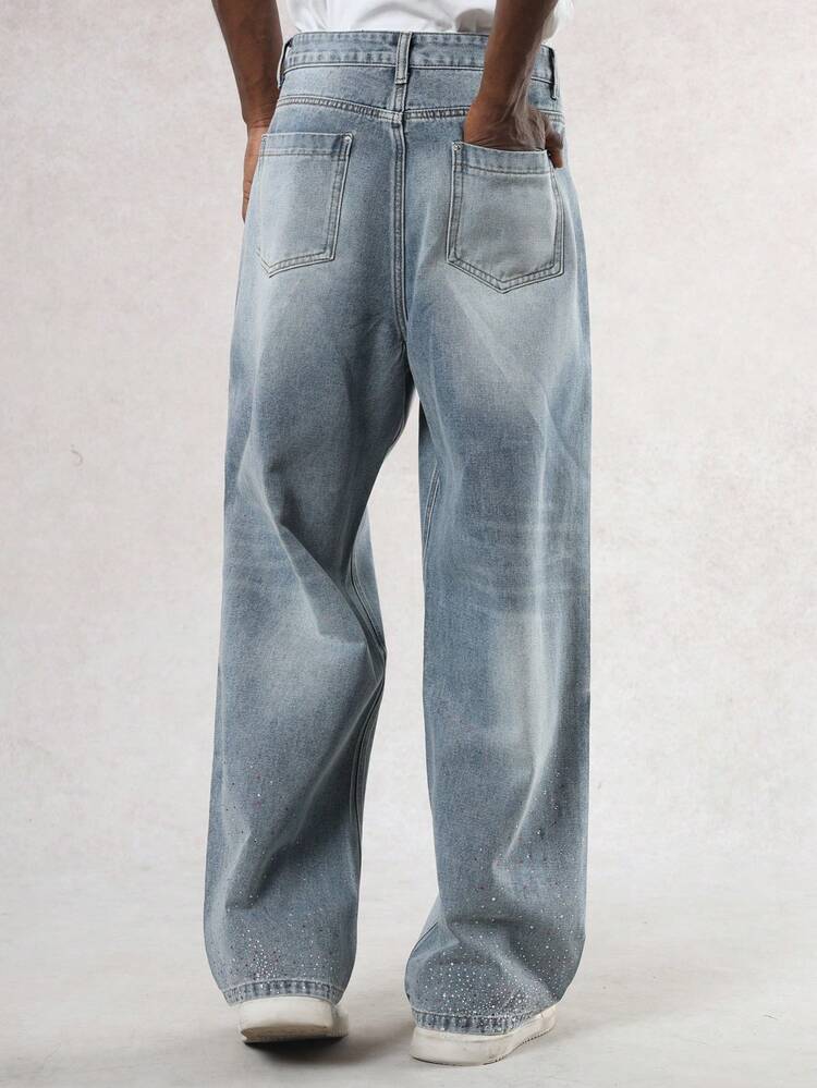 Autumn Street Style Washed Blue Men's Jeans With Contrast Stitching And Sequin Design