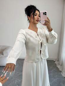 Rafferiza Raffinéa French-Inspired, Sophisticated, And Effortlessly Chic Vacation-Style Suit Featuring A Lace-Up Rose-Print Top And A Flowing French-Style Skirt. This Elegant And Feminine Set Is Perfect For Parties, Casual Outings, Or Afternoon Tea. - Yellow - View 5