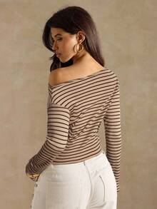 SHEIN BAE Áo thun nữ tay dài cổ lệch họa tiết sọc thời trang thanh lịch - Màu Khaki - Xem 2