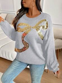 EMERY ROSE Plus Size Women's Casual Bow Sequin Round Neck Drop Shoulder Long Sleeve Sweater, Autumn/Winter - Grey - View 4