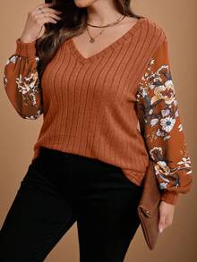 EMERY ROSE Plus Size Women Contrast Floral Print Patchwork Lantern Sleeve V-Neck Casual T-Shirt, Brown Lantern Sleeve Top Fall New Year Christmas - Khaki - View 6