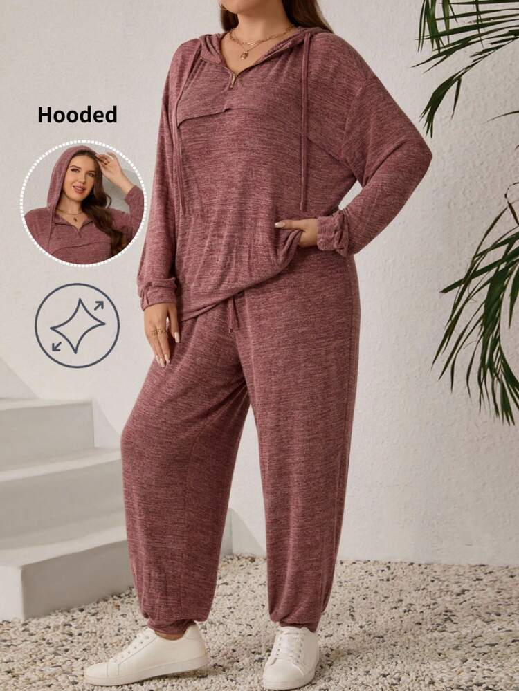 Plus Size Solid Color Hooded Half-Zip Long Sleeve Top And Pants Casual 2 Pieces Set