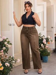 Breezaya Plus Size Casual Everyday Versatile Washed Straight Leg Jeans Brown Pants For Women High Waist Pants Women Pants - Brown - View 4