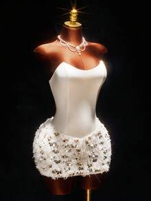 Amplova 女士亮片设计毛绒披肩上衣和无肩带连衣裙魅力时尚套装 - 杏色 - 查看 7