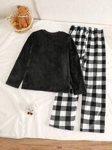 2 件套女童长袖运动衫和裤子套装，黑色蓬松云朵刺绣和格子图案，冬季休闲舒适家居服 - 黑色 - 查看 2