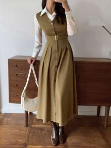 Elyressa 一位女士编织了一件优雅的秋季长裙，适合通勤。 - 卡其色 - 查看 6